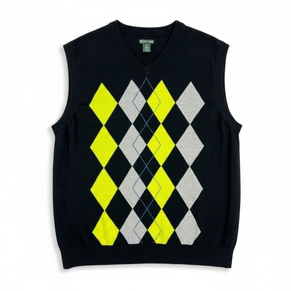 Pro Tour Mens Argyle Sweater Vest V-Neck Black Yellow Gray 3X